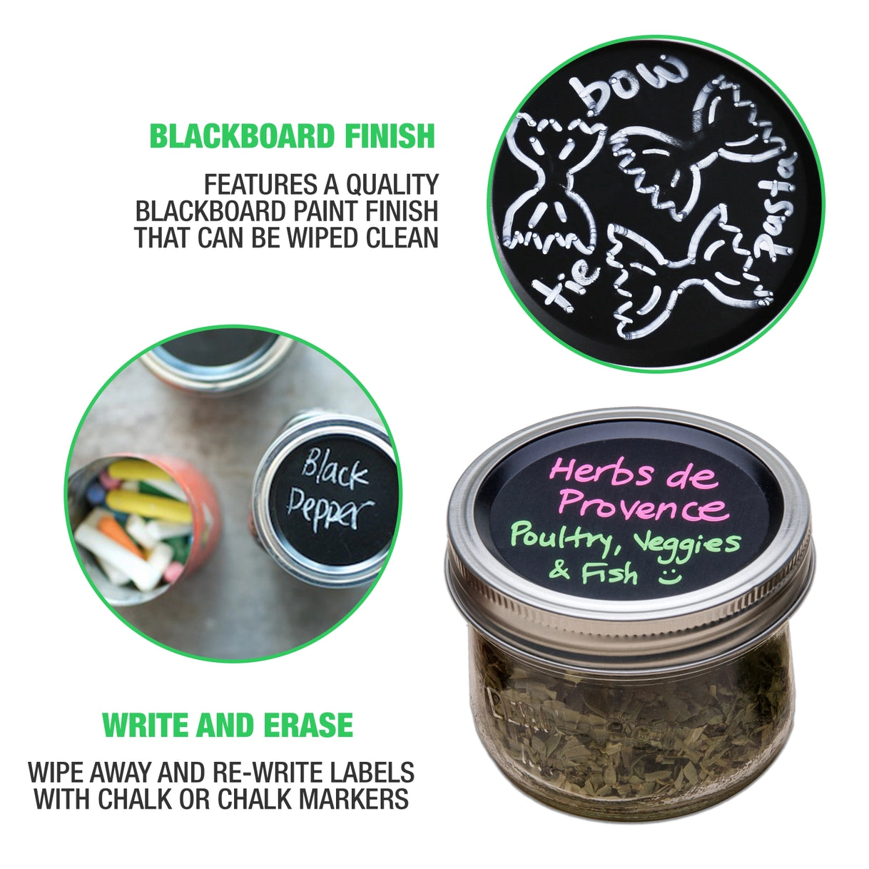 Masontops - Regular Mouth Chalk Top Blackboard Labelling Lids for Mason Jars