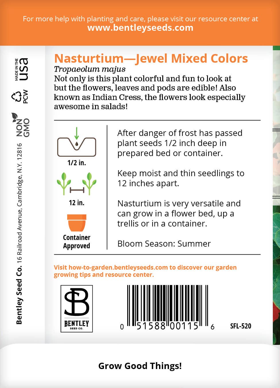 Bentley Seed Co. - Nasturtium Jewel Mixed Colors Tropaeolum Majus