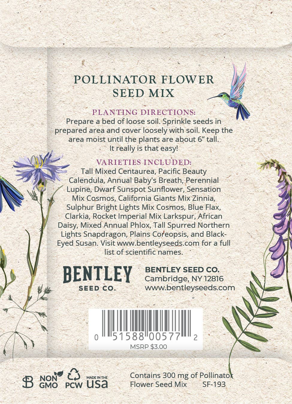 Bentley Seed Co. - Help Pollinators Kraft Hummingbird Pollinator Mix