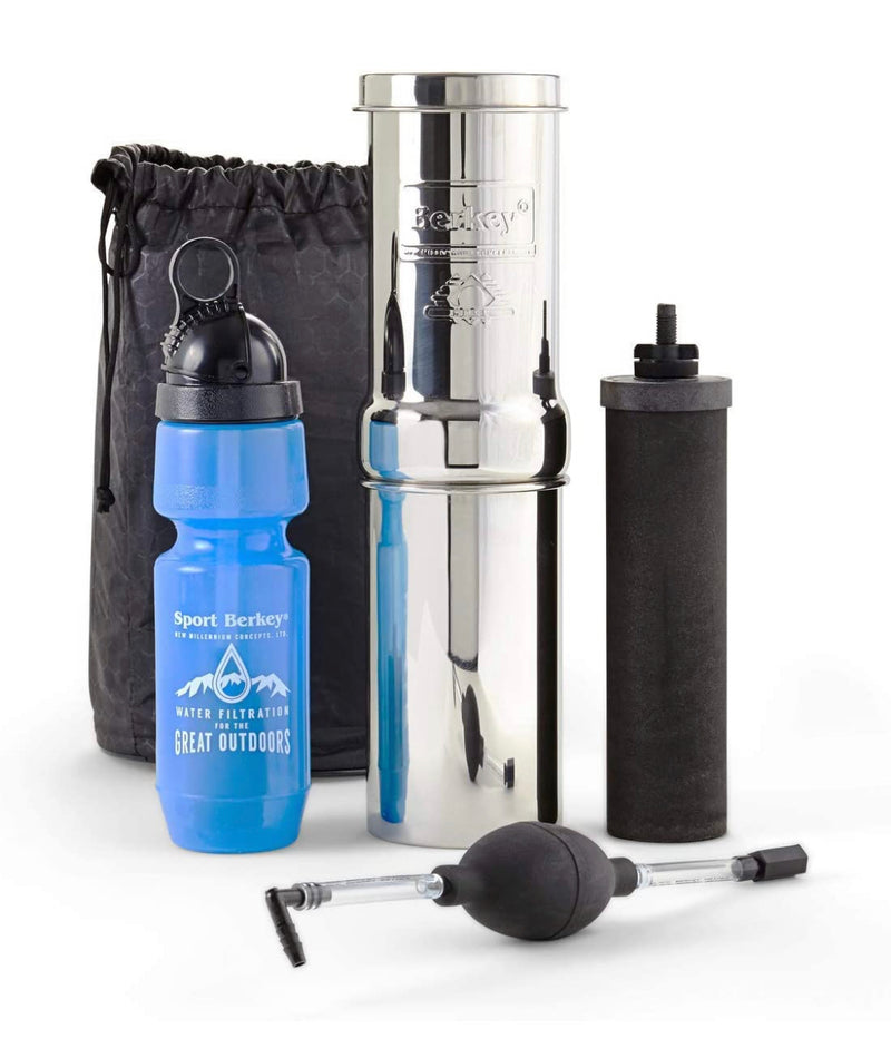 Go Berkey Water Filter Kit with 1 Qt. Berkey Gravity Fed Water Filter System, Berkey Sport Bottle and Black Berkey Primer